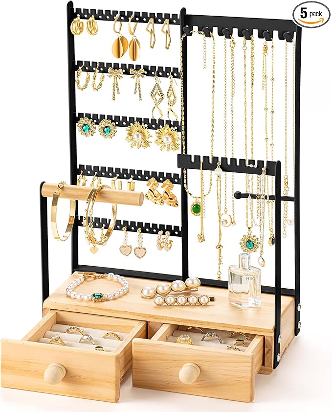 DreamGenius Jewelry Organizer Stand with 2 Velvet Ring Holder Drawers, 5 Tier Jewelry Holder Organizer with 11 Hooks for Necklaces and 145 Holes for Earrings, Black
