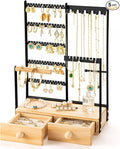 DreamGenius Jewelry Organizer Stand with 2 Velvet Ring Holder Drawers, 5 Tier Jewelry Holder Organizer with 11 Hooks for Necklaces and 145 Holes for Earrings, Black