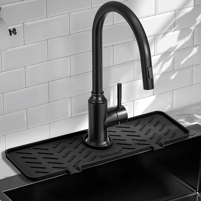 Meiliweser Silicone Faucet Mat for Kitchen Sink – Gen 2 Splash Guard with Upgraded Outlet & Slope – 18” x 5.1” Water Catcher & Sink Sponge Holder for Kitchen and Bathroom (Black)
