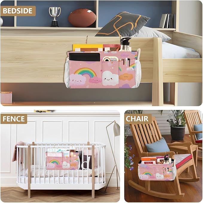 Multicolored Stars Rainbows Bedside Caddy for Dorm Bed Bedside Hanging Caddy Bag Iron Frame Storage Organizer Pocket for Bunk Home College Hospital Beds 2 Hooks