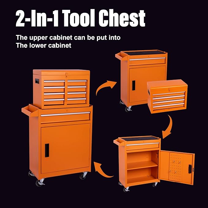 Tool Chest, 5-Drawer Rolling Tool Storage Cabinet with 2 in 1 Detachable Top Tool Box, Liner, Lockable Wheels, Side Hooks,Metal Tool Cart for Garage (5-Drawer Orange)