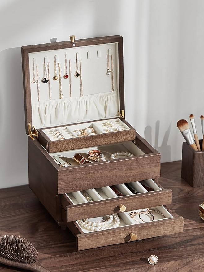 Wooden Jewelry Box, 3 Layer Large Jewelry Organizer for Women, Jewelry Storage, for Necklaces Rings Earring Watches Bracelets, Black Walnut Wood, Christmas Gifts