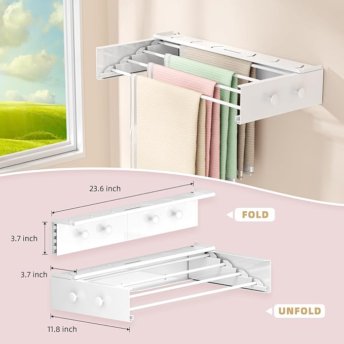 BAKON Wall Mounted Drying Rack with 4 Hooks and Shelf, Foldable Clothes Drying Rack for Laundry Room, Collapsible Laundry Rack Wall Mount, for Indoor Outdoor Hanging Clothes, 23.6 Inch