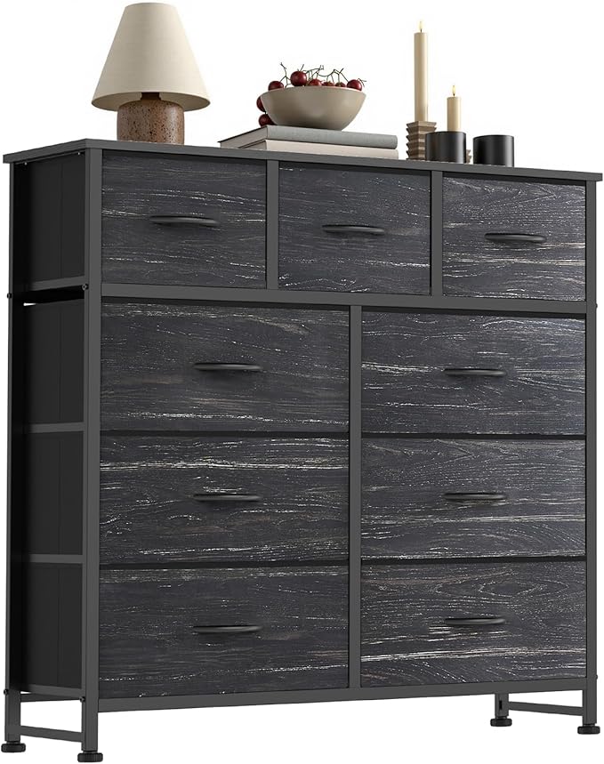 Sweetcrispy 9 Drawer Fabric Dresser Storage Tower with Wood Top and Steel Frame, Organizer Chest with Easy Pull Handles for Bedroom, Closet, Hallway,Black Wood Grain