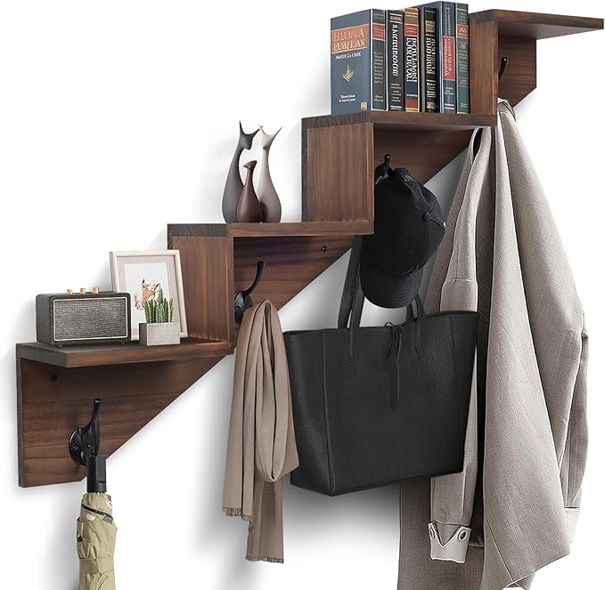 Coat Rack Wall Mount with Shelf, Brown Ladder Shelf with Hooks Underneath, Wall Mounted Rise Wooden shelves for Decorative, 4 Double Hooks for Hanging Coats, Keys, Books, Flowers, Planter, Towels