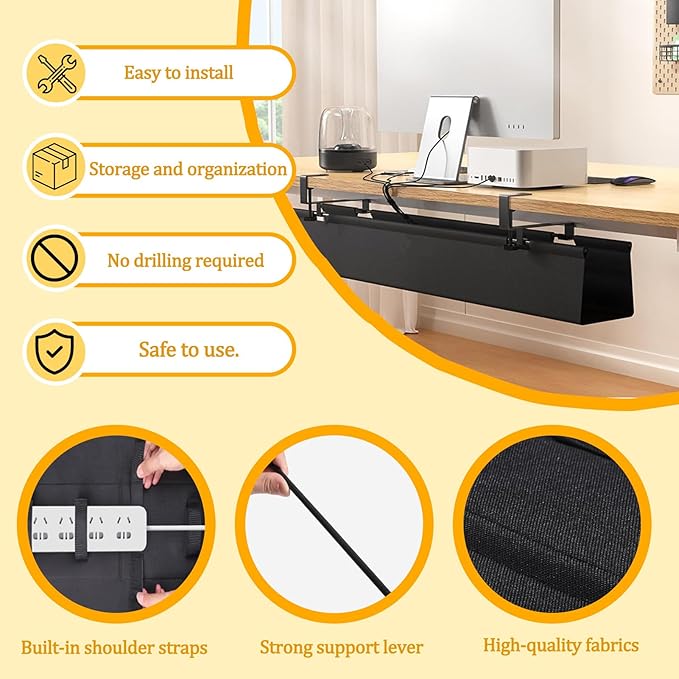 No Drill Under-Desk Cable Management Tray, Desktop Cable Organizer, Fabric Storage Tray, Two Installation Methods, Suitable for Office/Home Use. (13 * 47in)