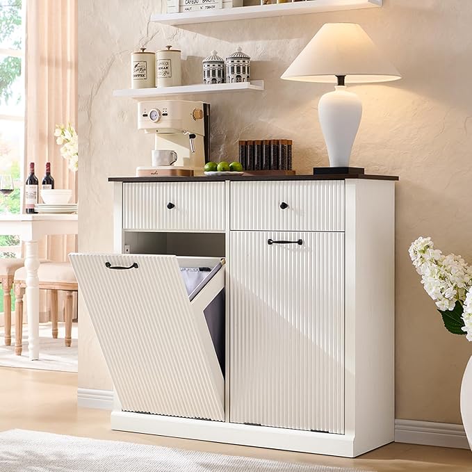 Modern Double Tilt-Out Laundry Hamper Cabinet, 20 Gallon Fluted Trash Can Cabinet w/2 Drawers, Wooden Hidden Garbage Can Cabinets with Laundry Basket, for Bathroom and Kitchen, Antique White