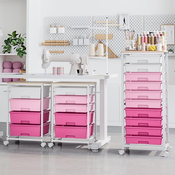 Rolling Cart with Drawers,10 Drawer Rolling Cart,Storage Cart,Utility Cart,Teacher Cart for Classroom Storage,Craft Cart with Wheels and Wooden Tabletop,Pink