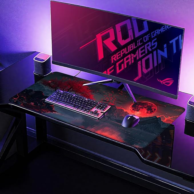 Large Mouse Pad, Red Moon Landscape Desk Mat, Extended Gaming Mouse Pad with Non-Slip Rubber Base, Thick 3mm Smooth Surface Keyboard Mat for Office & Home,35.5 x 15.8 in