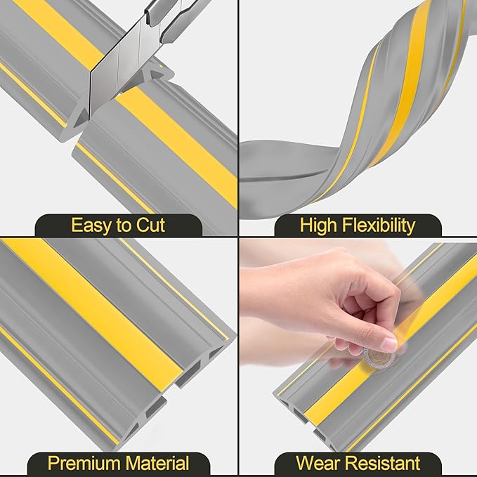 MYFAMIREA 6.5FT Floor Cord Cover Heavy Duty Cable Cover Protector 3 Channels Extension PVC Floor Wire Cover Outdoor Cord Hider Management Cord Cover for Wire on Floor for Home Office Outdoor, Grey