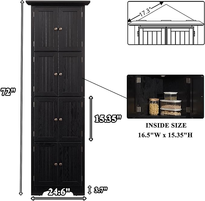72" H Farmhouse Corner Storage Cabinet with 8 Doors & 4 Shelves, 4 Tier Kitchen Corner Pantry Cabinet Wooden Organizer Case Bookshelf, Home Space Saver Cabinet for Kitchen,Living Room(Black)