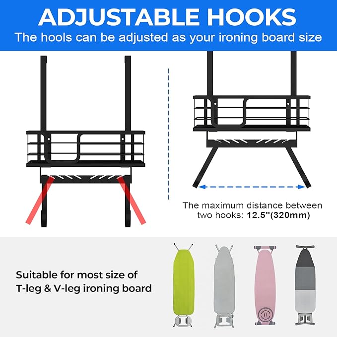 TJ.MOREE Over The Door/Wall Mount Ironing Board Hanger, Laundry Room Iron and Ironing Board Caddy Storage for Water Mister, Fabric Sprays, Laundry Detergent