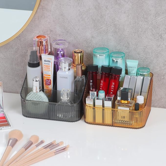 Amber Makeup Organizer, Makeup Brush Holder 8 Cups for Vanity, Bathroom Countertop Organizer, Dresser Cups for Cosmetic Display, Skincare Cups, Perfume Stand, Toiletry