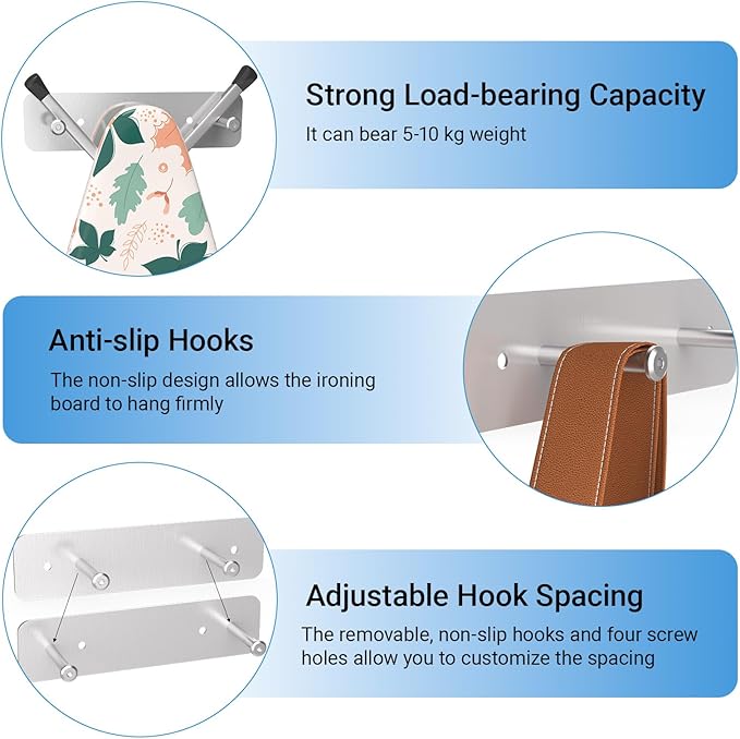 Ironing Board Holder Wall Mount, Ironing Board Hanger for Y or T Shaped, Laundry Rooms Stainless Steel Iron Board Hook with Adjustable Hooks