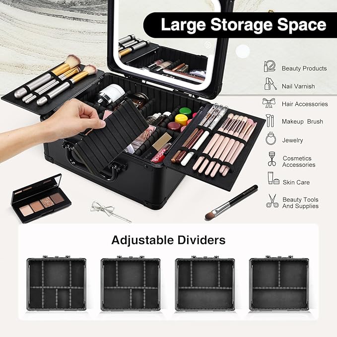 Makeup Case with Magnetic Lighted Mirror Makeup Organizer Box Travel Cosmetic Case with 3 Colors LED Mirror Portable Vanity Make up Suitcase with Lockable Keys Dividers Brush Holder, Black
