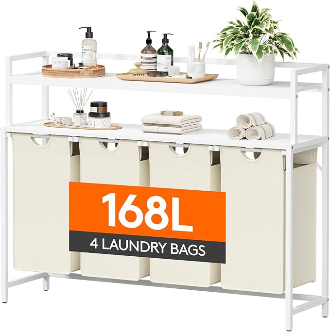Lifewit Laundry Hamper 4 Section, 168L Pull out Laundry Clothes Basket Organizer with Large Top Shelf and 4 Removable Bags and Handles for Laundry Room Bedroom Bathroom, White with Shelves