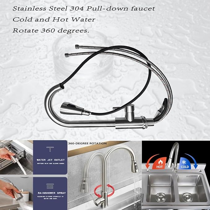 304 Stainless Steel Utility Sink with Faucet – Free Standing Single Bowl Left Kitchen Sink with Workbench & Small storage box, Hot/Cold Water Pipes for Laundry, Farmhouse & Outdoor Use 39“