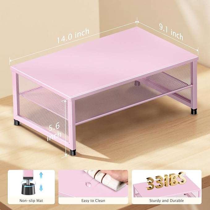 Desk Organizers and Accessories, 2-Tier Metal Computer Monitor Stand Riser, Desk Organizer for Monitor, Printer & Laptop Stand, Desktop Workspace Organizers for Office Supplies(Pink)