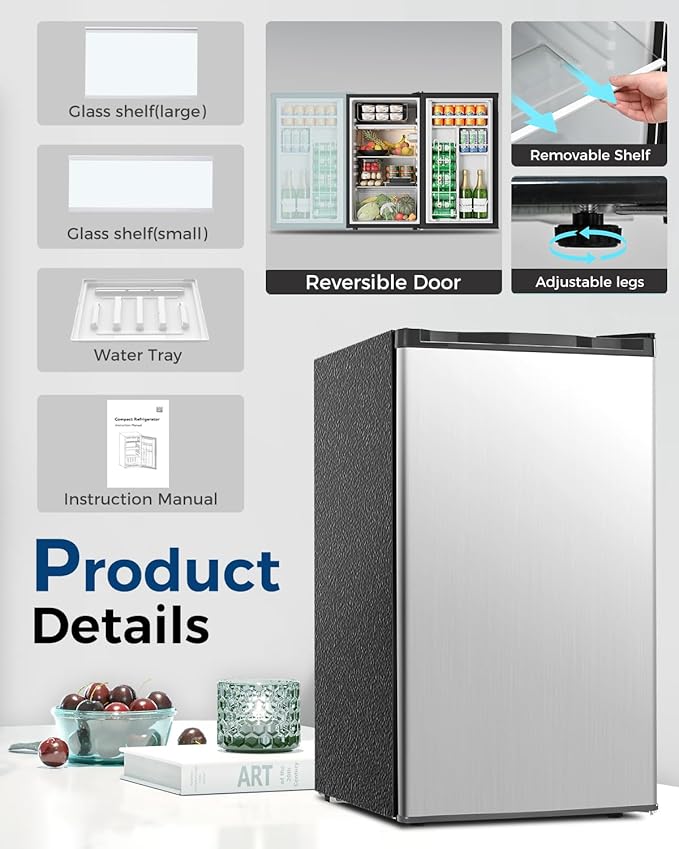 Mini Fridge with Freezer - 3.2 Cu.Ft Single Door Mini Refrigerator with Adjustable Thermostat, Low Noise, Energy Saving, Small Fridge for Bedroom, Apartment, Dorm, Classroom, Office - Silver