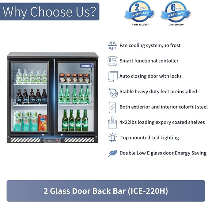 ICECASA 36" W Beverage Refrigerators 2 Glass Door Back Bar Refrigerator Commericial Undercounter cooler Wine Merchandiser 7.8 Cu.ft for Soda Beer