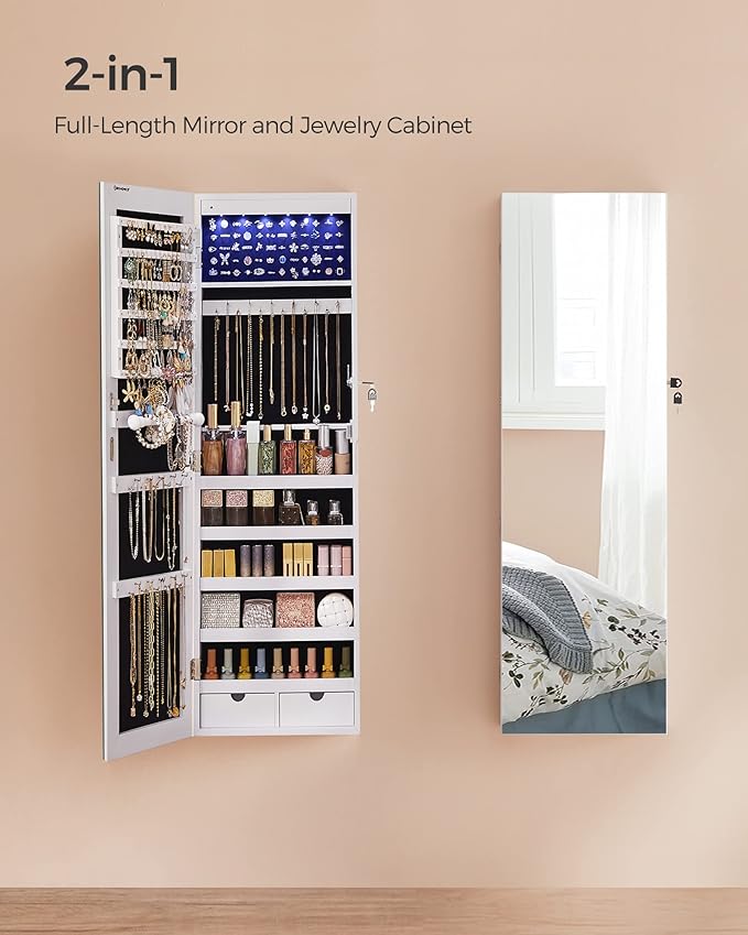 SONGMICS Hanging Jewelry Cabinet, Wall-Mounted Cabinet with LED Interior Lights, Door-Mounted Jewelry Organizer, Full-Length Mirror, Christmas Gift Idea, White UJJC99WT