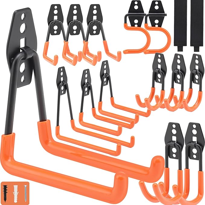 16 Pack Heavy Duty Garage Hooks with Extension Straps, Double Hook Design with Triple Welded Reinforcement, Supports Up to 100 lbs, Ideal for Home, Garden and Tool Storage