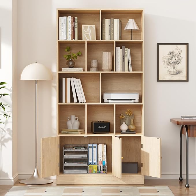 71" Tall Bookshelf with 10 Cubes and 3 Doors, 4-Tier Bookshelf, Open Shelf Bookcase with Cabinet, Modern Cube Storage Organizer for Living Room, and Office, Natural Wood Color