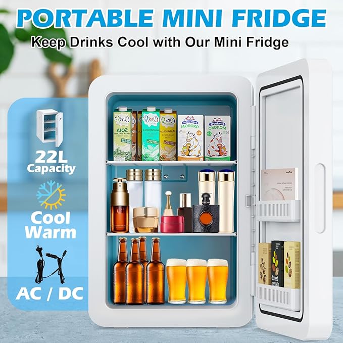 advwin 22L Mini Fridge for Bedroom, 30 Cans Portable Cooler & Warmer Compact Refrigerators with AC/DC Power for Skin Care, Beverage, Cosmetics, Food, Drinks, Office Desk Dorm Room
