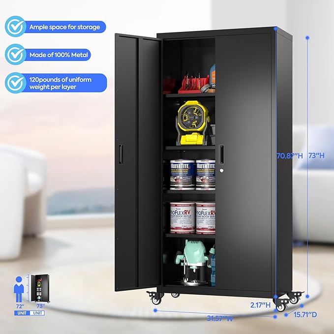 73" H Metal Garage Storage Cabinet with Wheels,Rolling Tool Storage Cabinet with 2 Doors and 4 Adjustable Shelves for Garage,Home,Office,Warehouse,Workshop, Required-Assembly,Black
