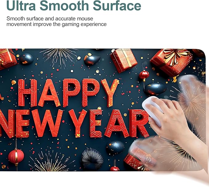 Happy New Year Gaming Mouse Pad 35.4"x15.7"Desk Mat Anti-Slip Rubber Base & Durable Stitched Edges for Gamers Smooth Mouse Writing Surface for Desk Office/Home