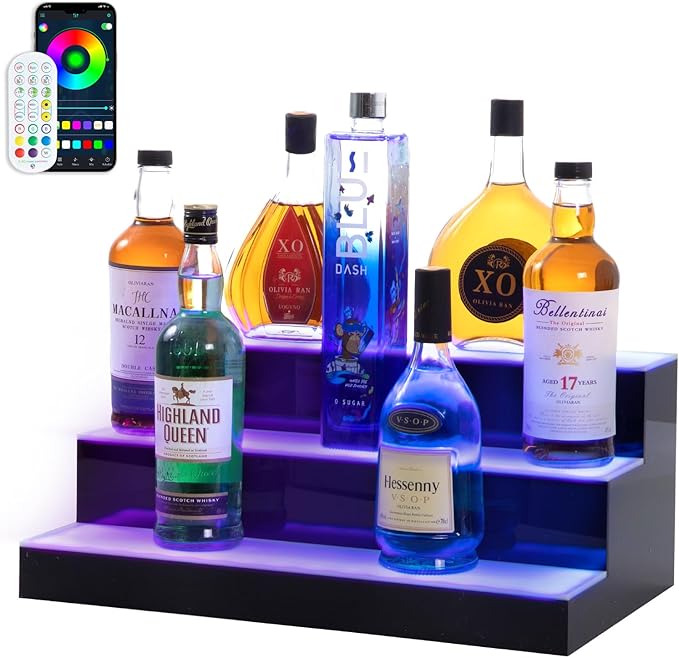 Led Lighted Liquor Bottle Display Shelf, 20 Inch 3 Tier Whiskey Rack, Support USB, Bar Stand with RF Remote & App Control, Illuminated Acrylic Lighting Shelves for 18 Bottles, Home Bar, Party