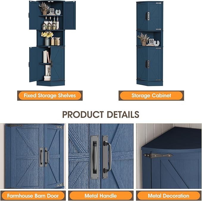 Vabches 64.8" Tall Farmhouse Corner Cabinet with 4 Doors and 5 Storage Shelves, Farmhouse Storage Cabinet with Barn Door Design, Home Space Saver for Living Room, Kitchen, Laundry Room,Blue