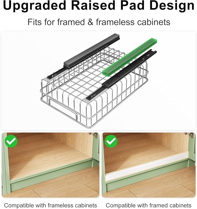 Pull out Cabinet Organizer, Stainless Steel 4-Pack Slide out Drawer with Silent Full-Extension Slides, Adhesive Roll out Can Spice Storage Basket Shelf Rack for Pantry, Kitchen, Bathroom, Home Closet
