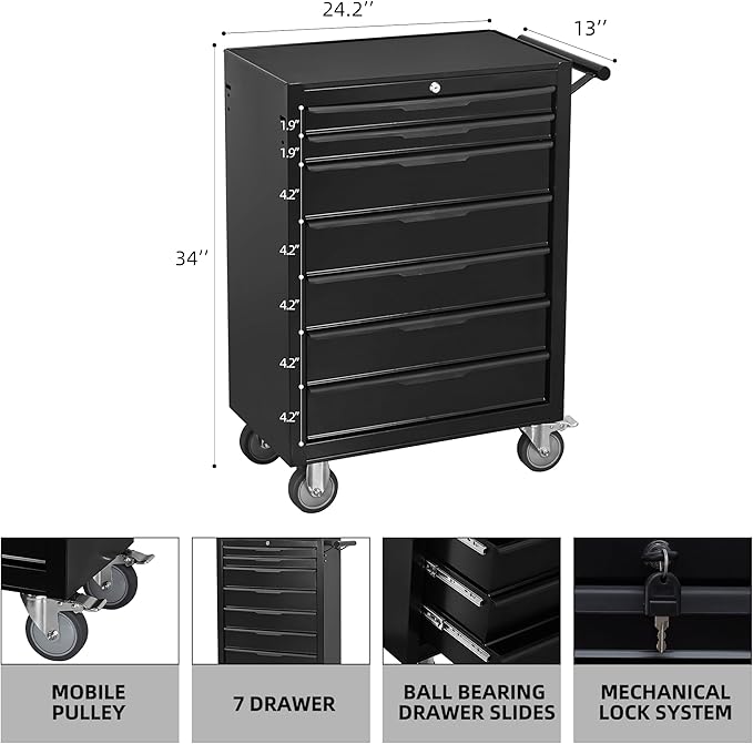 7-Drawer Rolling Tool Chest Cabinet, Large Capacity Metal Tool Box with Wheels and Cylinder Locking, Roll Around Storage Organizer Tool Cart for Garage, Warehouse, Work Shop - Black