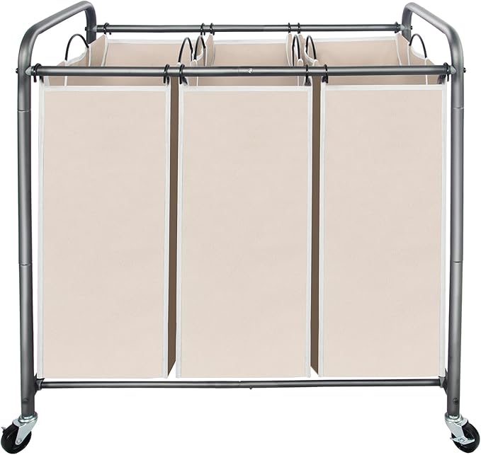 STO STO Laundry Sorter 3 Section, 3 Bag Laundry Hamper, Rolling Laundry Cart, Laundry Basket with Heavy Duty Lockable Wheels and Removable Bag for Clothes Storage, Beige