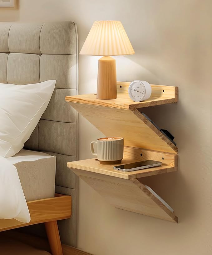 Floating Nightstand, Rustic Wooden Floating Bedside Table Z-Shape Wall Mounted Nightstand Small Hanging Night Stands for Bedroom (2, Natural Wood)