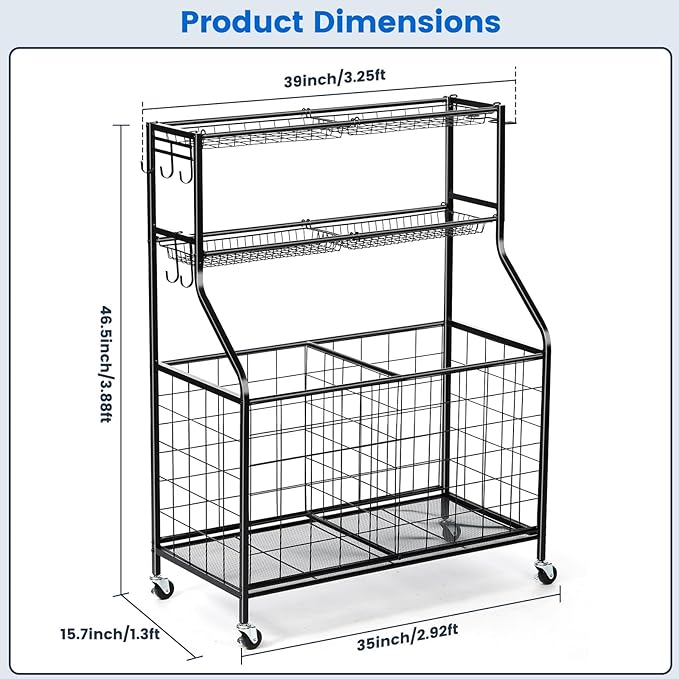 Kinghouse Sport Equipment Organizer for Garage, Steel Basketball Rack with Baseball Bat Holder and Hooks, Easy Assembly Storage for Balls, Kids' Toys, and Workout Gear in Basement, Home Gym, Outdoor