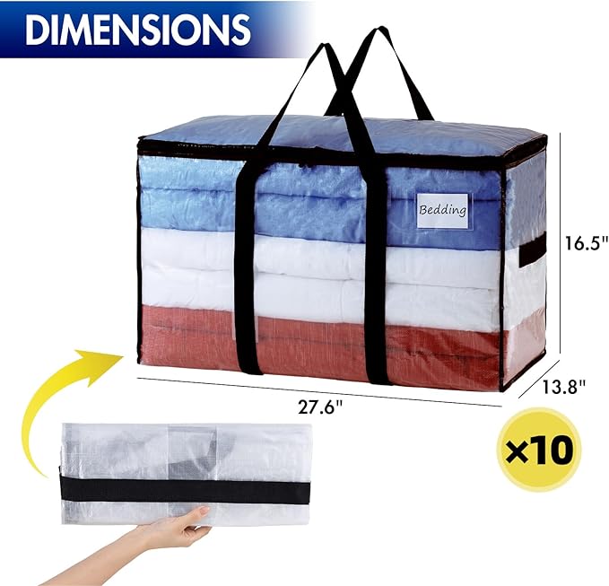 TAILI Extra Large Moving Bags, 10 Pack Clear Heavy Duty Totes for Storage with Visible Window, Wrap Around Handles, Storage Bags for Space Saving, Alternative to Moving Boxes