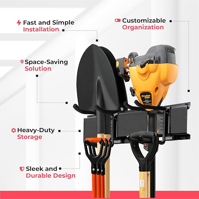 TIDYME Garage Wall Organizer | 64" Heavy-Duty Tool Storage Rack | Adjustable Double-Layer Hooks | 400 lbs Capacity | Carbon Steel Wall Mount Holder for Shovels, Rakes, Ladders & Power Tools