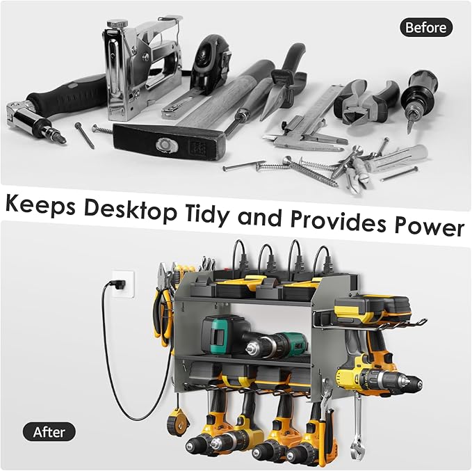CCCEI Modular Power Tool Organizer Wall Mount Charging Station, Grey 6 Drills Holder with 8 Plug Power Strip 6FT, Garage Drill Battery Heavy Duty Metal Shelf, Utility Rack with Hooks, Side Storage.