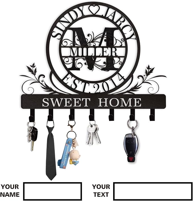 Personalized Key Holder for Wall, Custom Family Name Metal Wall Key Hanger, Key Hooks with Monogram Design, Key Rack Holder Wall Mount for Living Room Bedroom, Anniversary Couple Gift