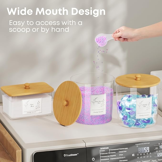 3 Pack Laundry Powder Container & Dryer Sheet Holder, Large Plastic Laundry Room Organization and Storage Jars with Lids, Labels & Scoops for Powder, Detergent, Scent Booster