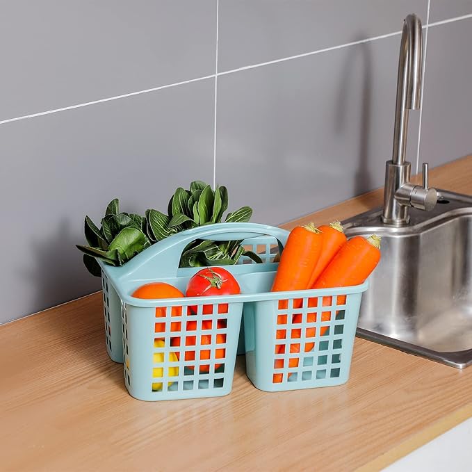 Portable Shower Caddy Basket with Compartments Cleaning Supplies Organizer with Handle Plastic Storage Divided Tool Bin for Bathroom, Bedroom, Kitchen, College Dorm, Garden, Under Sink, Light Blue