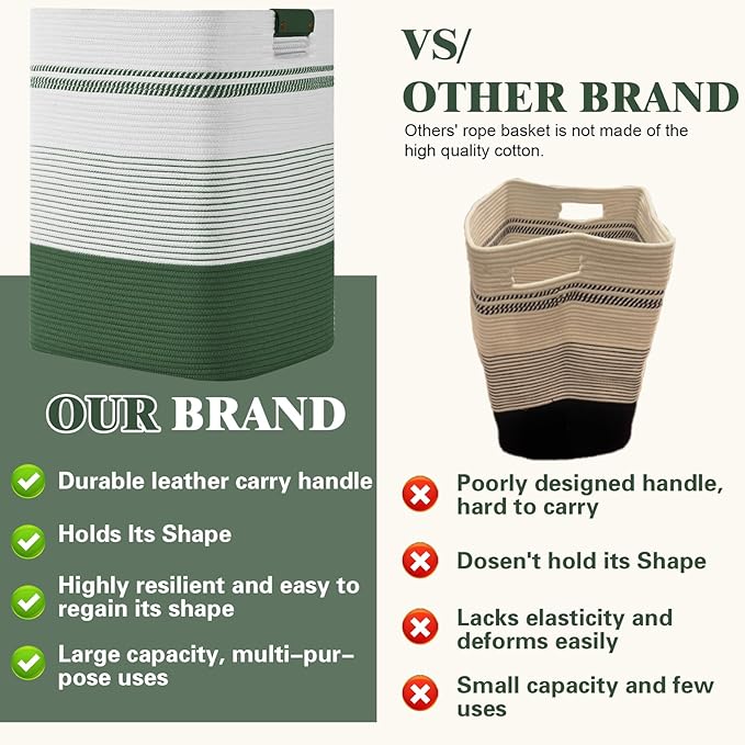 Laundry Hamper, 85L Tall Laundry Basket with Leather Handles, Rectangle Large Clothes Hamper for Organizing, Cotton Woven Laundry Baskets Storage Hampers for Bedroom, Nursery, Living Room