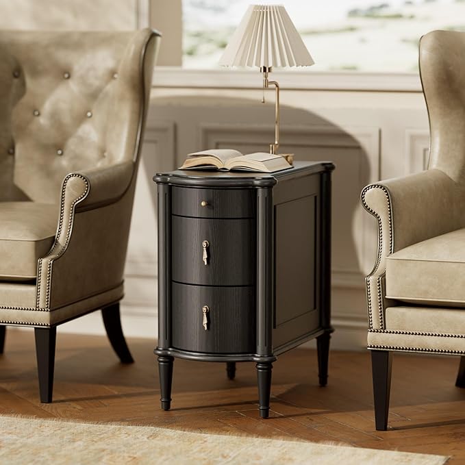 STO'SENSE Nightstand w/Charging Station & 3 Drawers, Pre-Assembled, Vintage Side Table w/Antique-Finished Pulls, Rustic Wood Finish, Narrow End Table w/Turned Legs for Bedroom (2, Black)