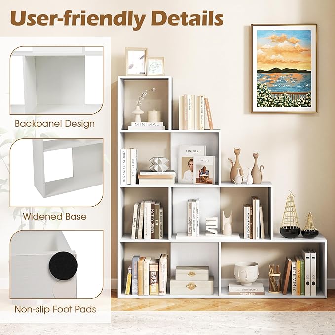 Tangkula 4-Tier Stepped Bookshelf, Freestanding 6 Cubes Ladder Bookcase with Anti-Tipping Kits, 64" Tall Modern Wooden Storage Display Rack for Home Office Living Room Study (2, White)