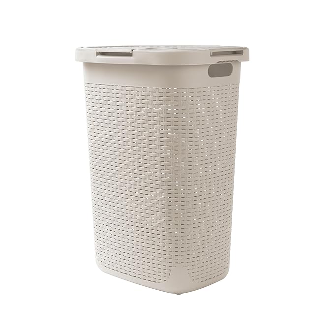 Mind Reader Slim Laundry Hamper with Lid, 60L Clothes Basket, Premium Wicker Design, Plastic, Ivory