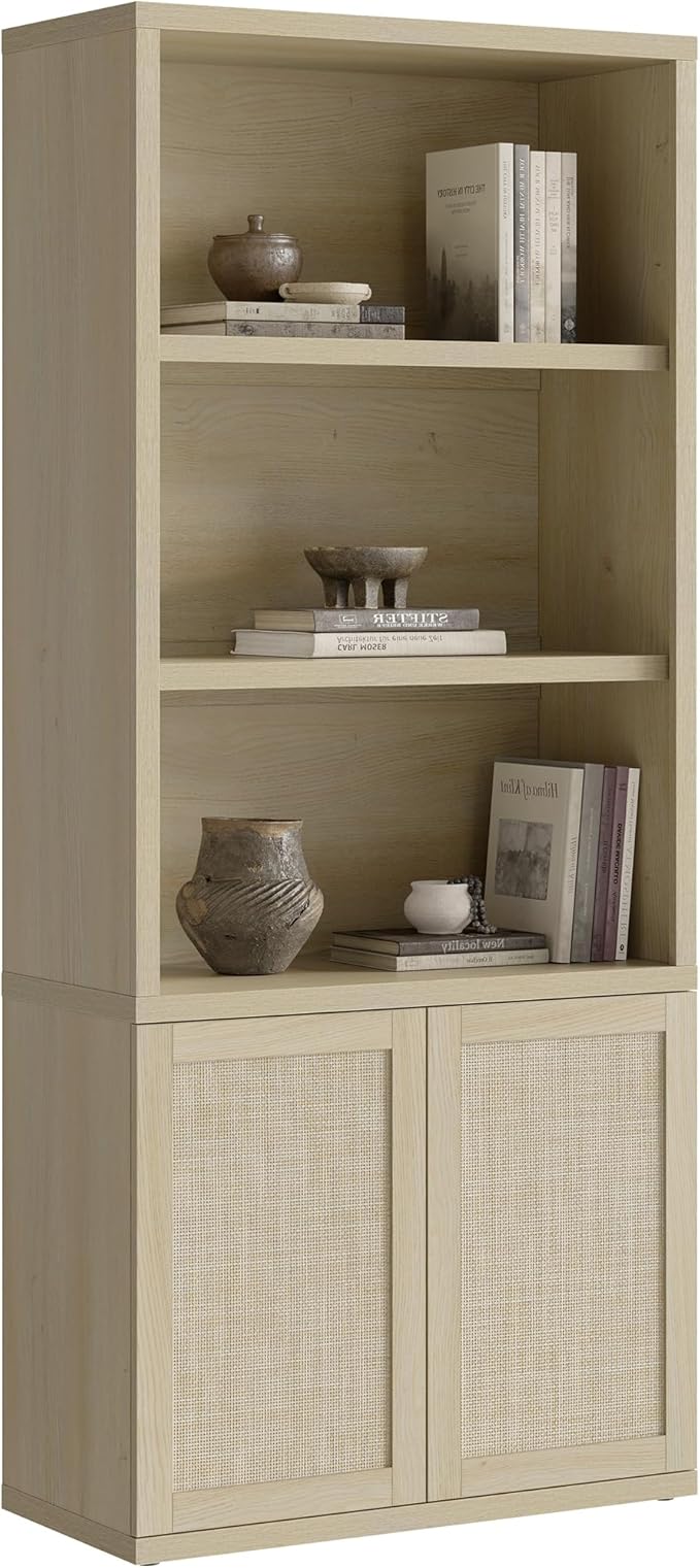 SICOTAS 70.5" Tall Bookshelf - 5-Tier Rattan Bookcase with Storage Cabinet Large Farmhouse Book Shelves with Doors, Boho Bookshelves for Living Room Home Office Library(Sand Oak, 1 Piece)