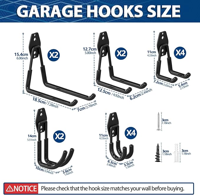 3-H Garage Wall Hooks 14 Pack, Garage Hooks Heavy Duty with Extra Welding Spots, Wall Mount Storage Organizer for Hanging Garden Lawn Tools, Ladder, WeedEater, Chair, Shovel, Blower (Black)