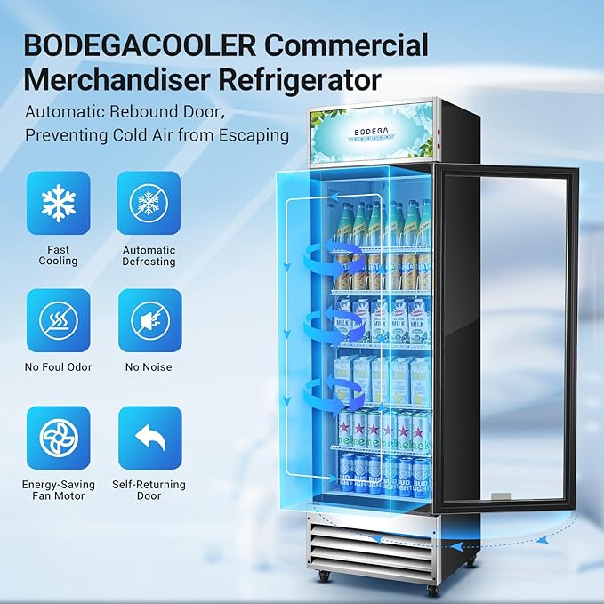BODEGACOOLER Commercial Merchandiser Refrigerator, 12.5 Cu.Ft Glass Door Display Refrigerator, Upright Beverage Cooler with Soft LED Light, Adjustable Shelves, 4 Strong Castors(Stainless Steel)